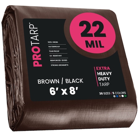 Protarp Heavy Duty Tarp, 6 ft x 8 ft, 22 Mil, Brown/Black, Polyethylene, Waterproof, Rip and Tear Proof PT-202-6X8
